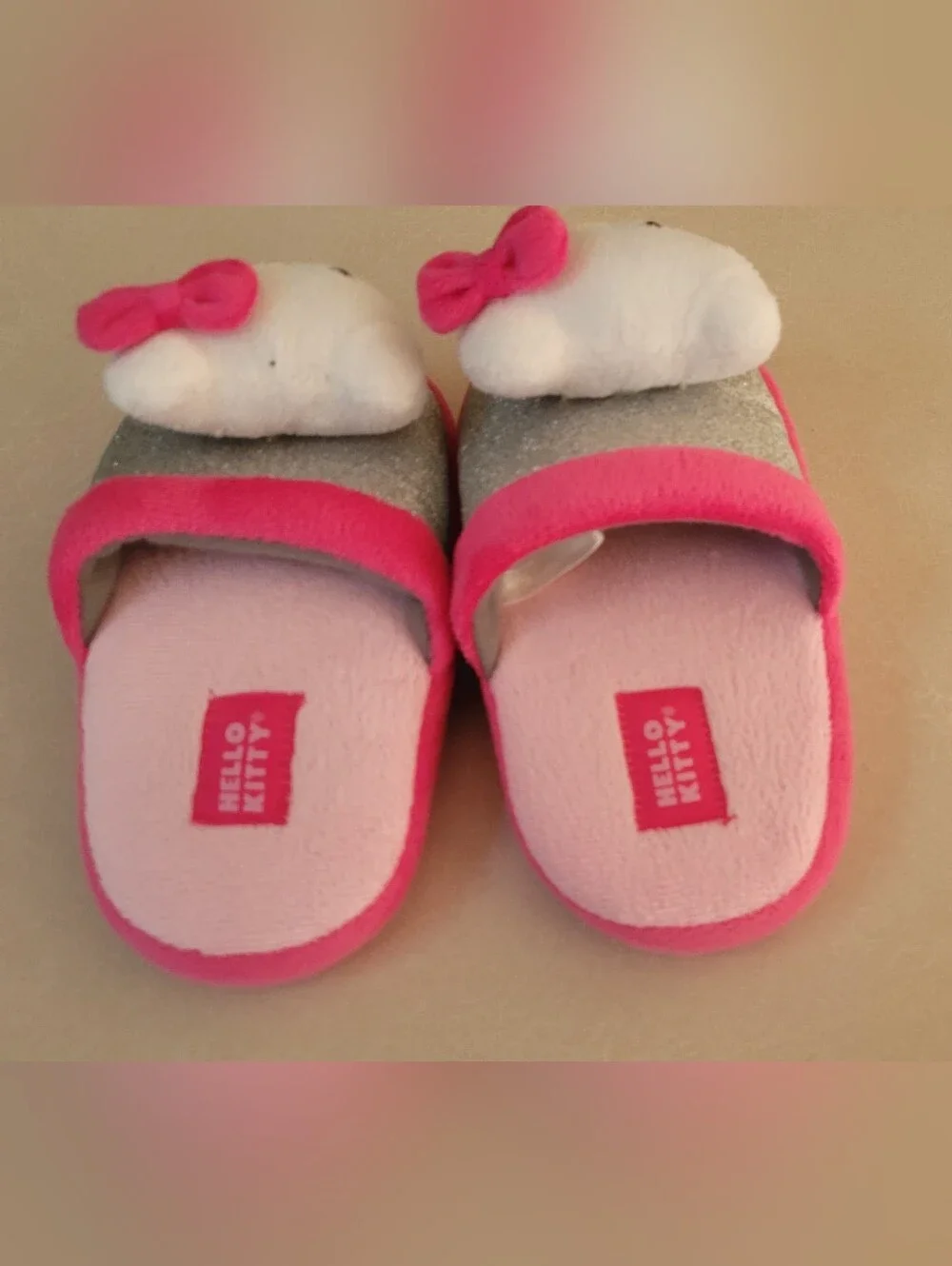Girls Hello Kitty Pink & Silver Plush Slide Slippers